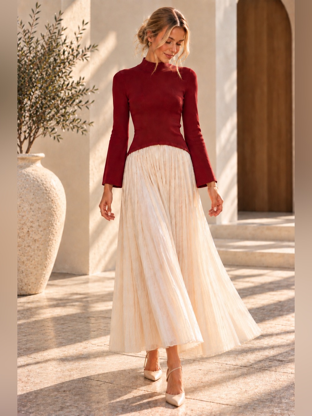 Gorgeous Tuckernuck x Moon River Burgundy and Cream Shirred Mock Neck Dress